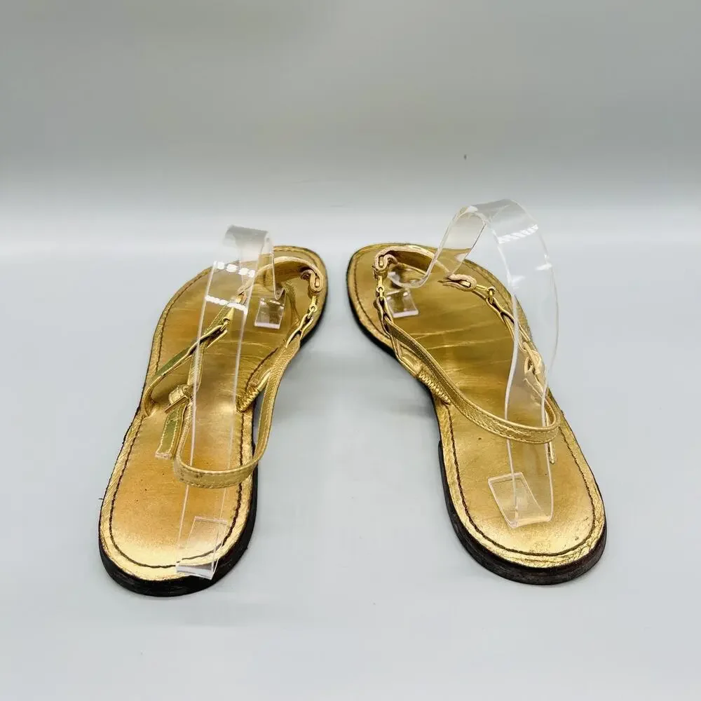 Tory Burch Sandals Womens 9 Gold Leather Thong Ankle Strap Logo Medallion Shoes